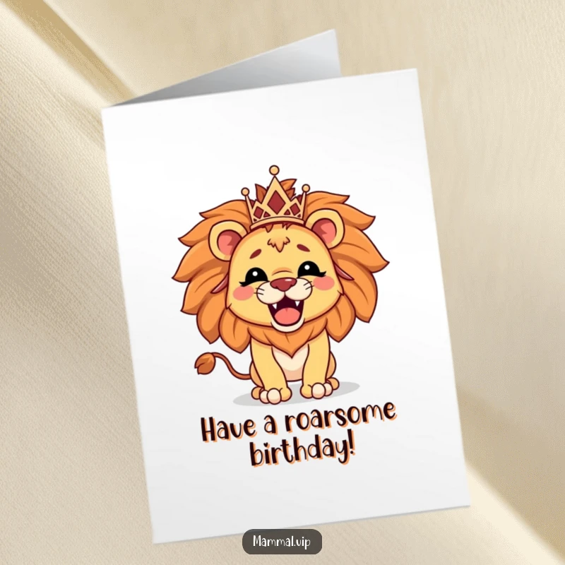 Funny Free Printable Birthday Card: A proud lion character roaring majestically while wearing a small, sparkly tiara.