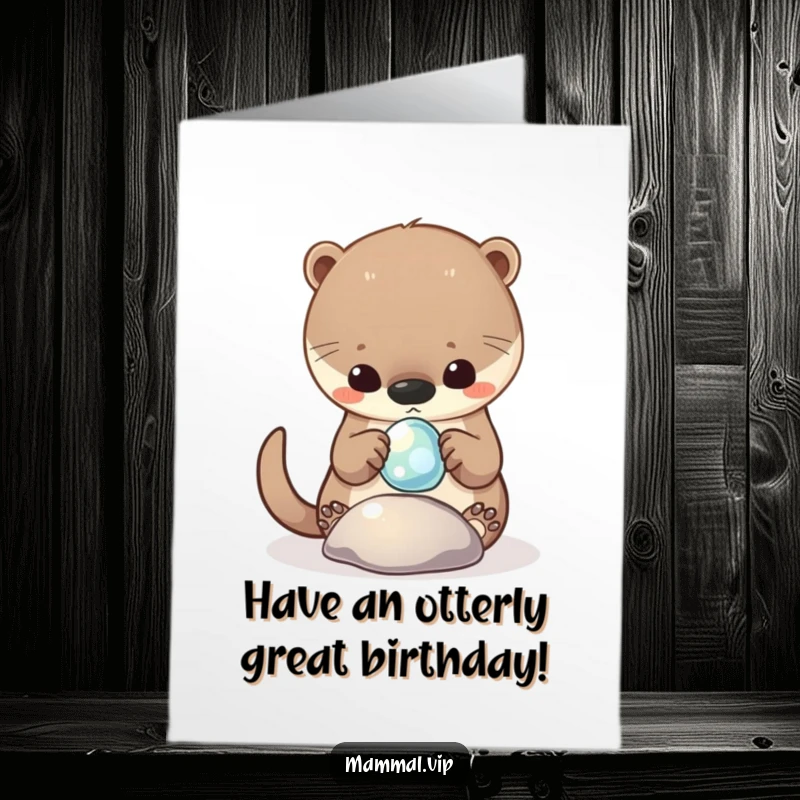 Funny Free Printable Birthday Card: Curious otter joyfully playing with a shiny, floating pebble.