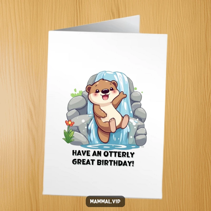 Funny Free Printable Birthday Card: Playful otter character joyfully sliding down a waterfall, a dynamic and exciting celebration.