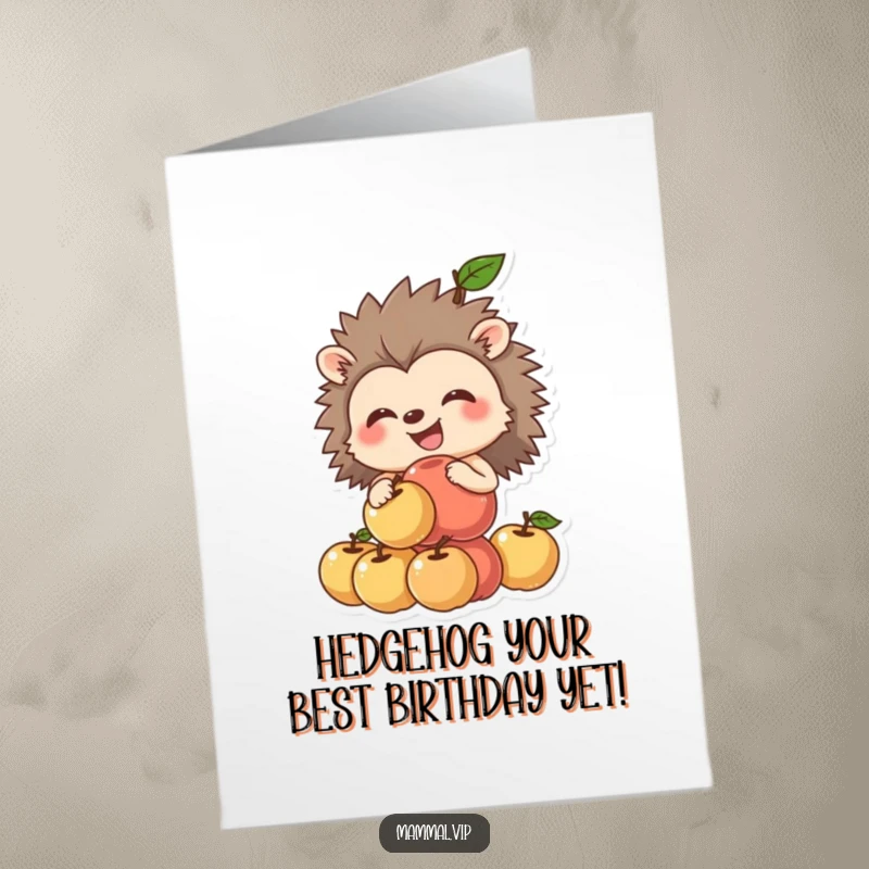 Funny Free Printable Birthday Card: Grinning hedgehog precariously balancing a tall stack of red apples, a funny challenge.