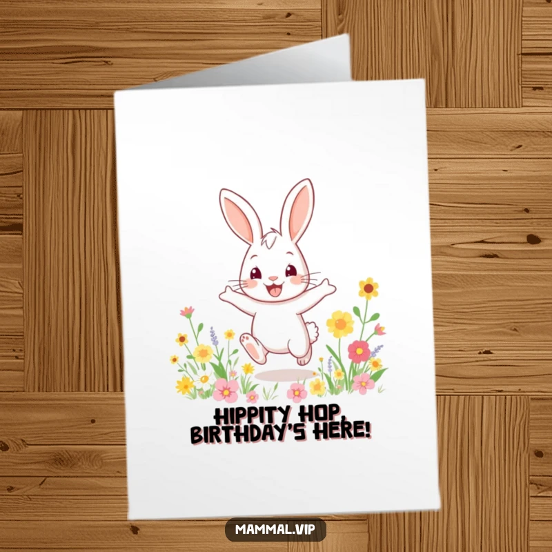 Funny Free Printable Rabbit Birthday Card: A happy rabbit hops enthusiastically through a field of colorful flowers, celebrating.