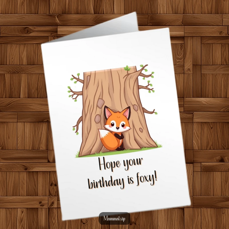 Funny Free Printable Birthday Card: A curious fox kit character peeking from behind a large oak tree with playful eyes.
