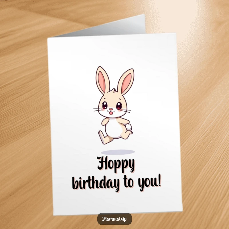 Funny Free Printable Birthday Card: A small bunny character with long ears excitedly hops on one leg with pure glee.
