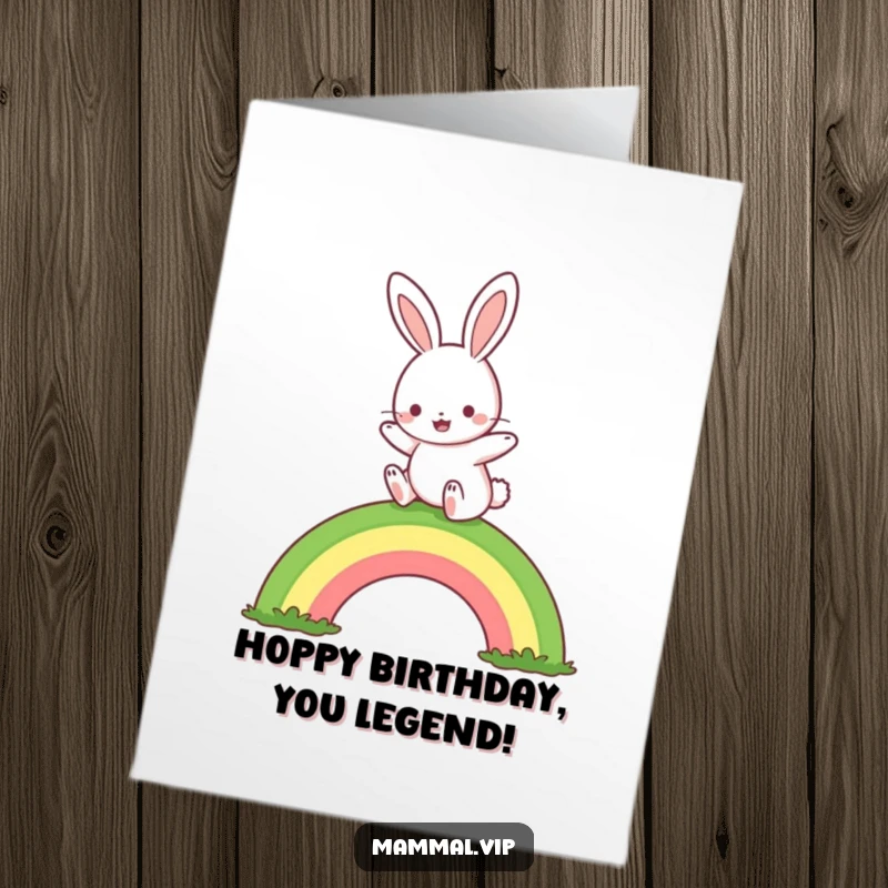 Free Printable Birthday Card: Cute rabbit joyfully hopping over a small, colorful rainbow, a cheerful celebration scene.