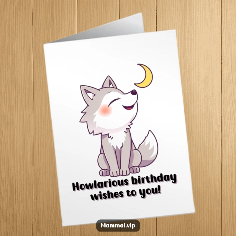 Funny Free Printable Birthday Card: Cheerful wolf howling with pure joy at a crescent moon, a wild and wacky gift.