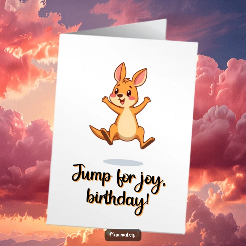 Funny Free Printable Kangaroo Birthday Card, a kangaroo character comically overshooting a jump with a look of shocked surprise.