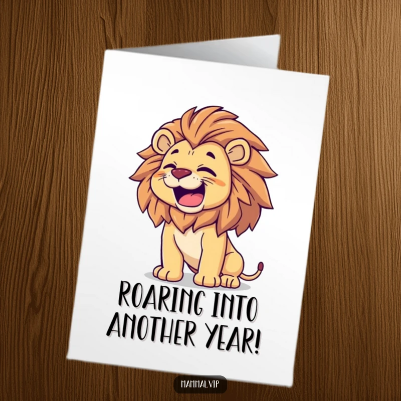 Funny free printable birthday card featuring a proud lion roaring with joy and tossing its magnificent mane, ready to party.