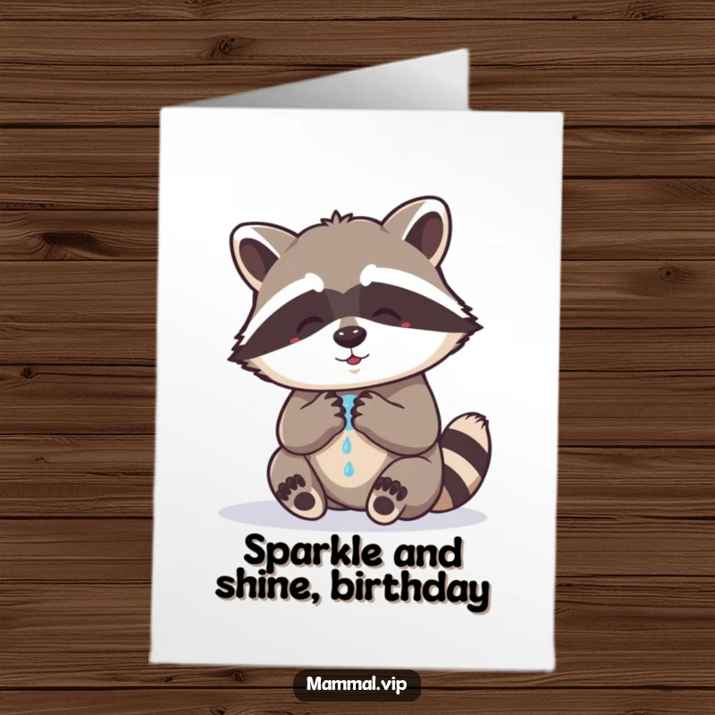 Funny Free Printable Birthday Card: A meticulous raccoon diligently washes its paws with a comical expression, ready for a celebration.
