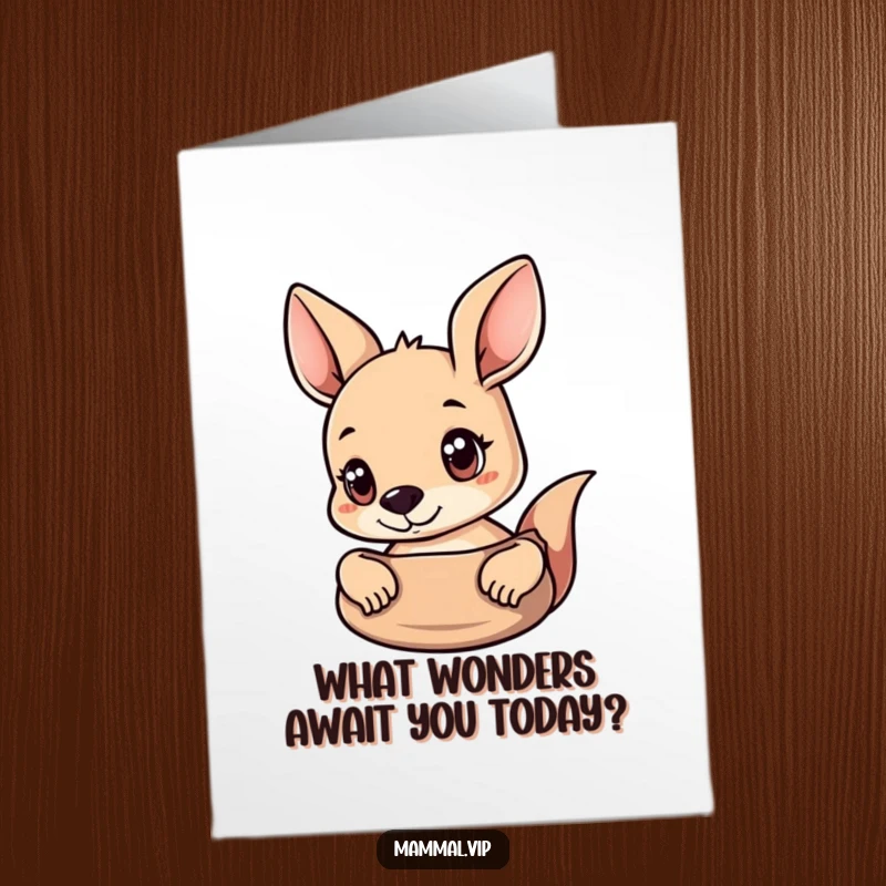 Funny Free Printable Birthday Card: Curious kangaroo peeking wide-eyed from its pouch, ready to deliver birthday wishes with a playful surprise.