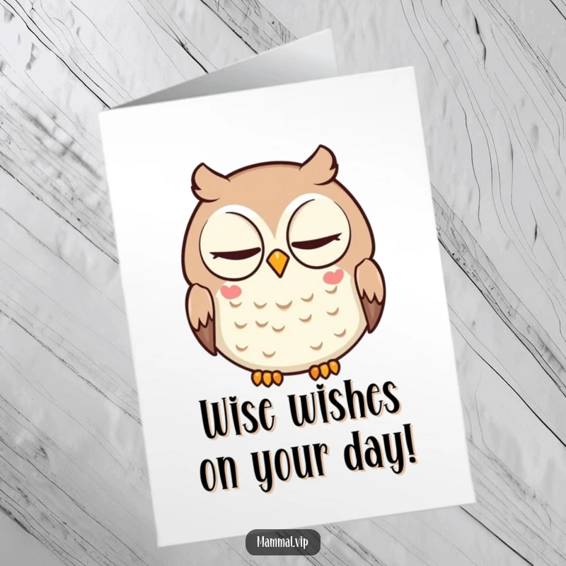 Funny free printable birthday card: a round owl with intelligent eyes blinks slowly, conveying thoughtful wishes.