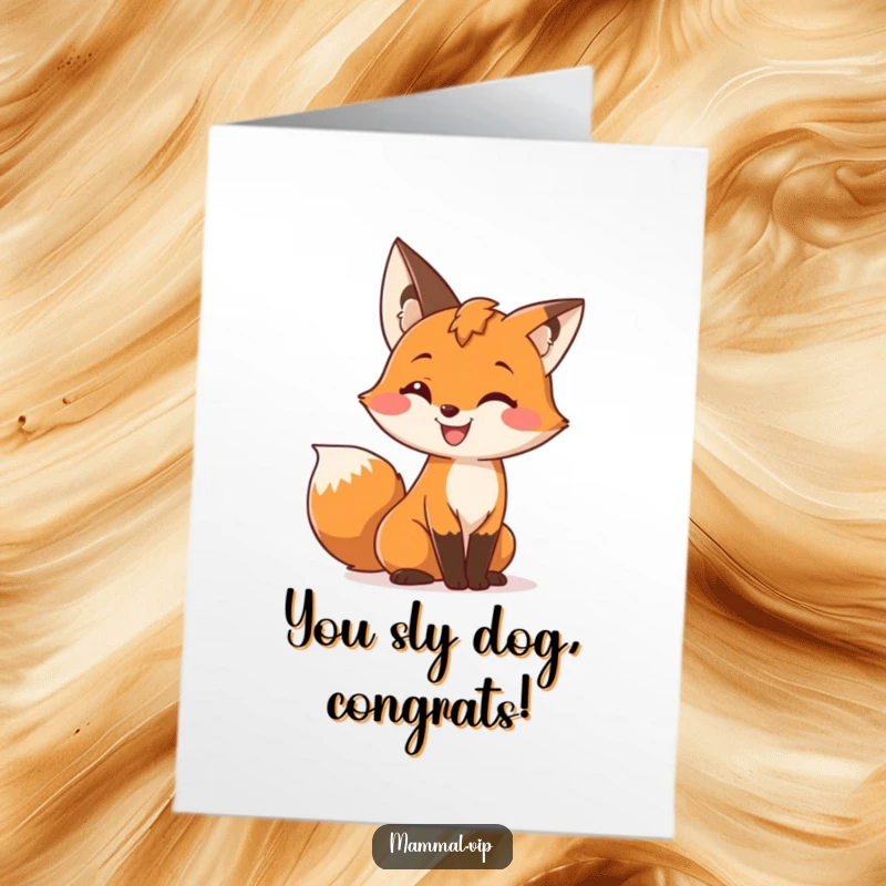 Clever Free Printable Congrats Card: A cute fox character with a wide grin joyfully wiggles its bushy tail in celebration.