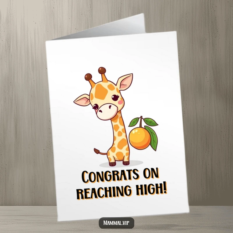 Free Printable Congratulations Card: Cute giraffe comically reaches towards a low-hanging fruit, almost there.