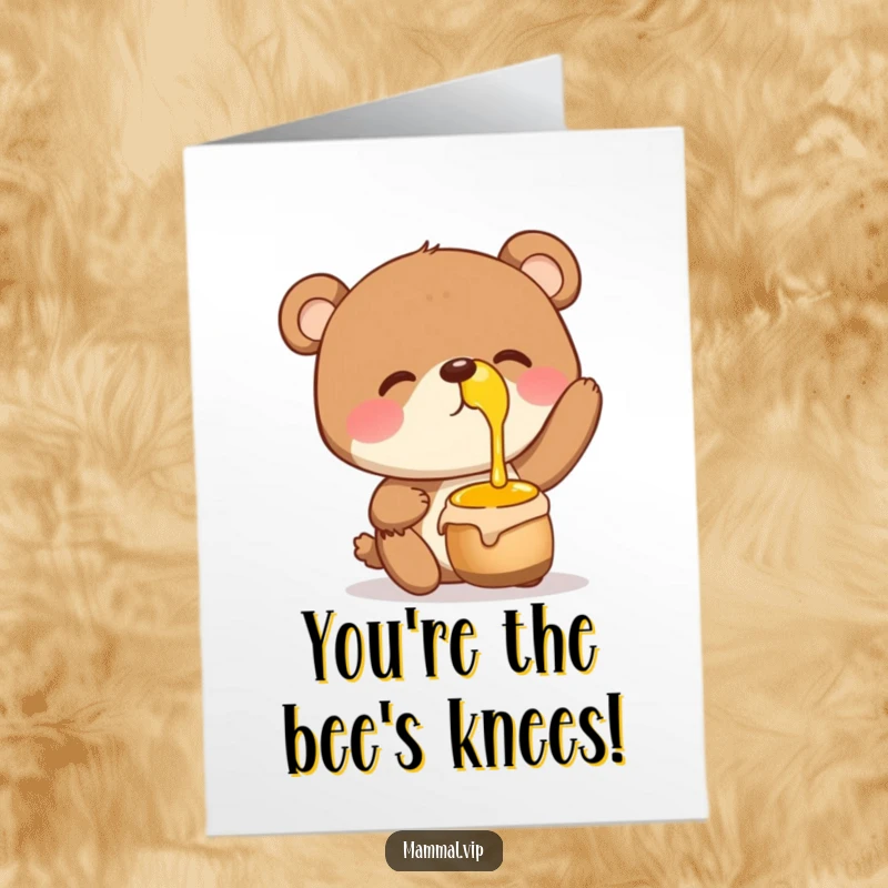 Funny Free Printable Congratulations Card: Giggling bear balancing a honey pot, celebrating a sweet achievement.
