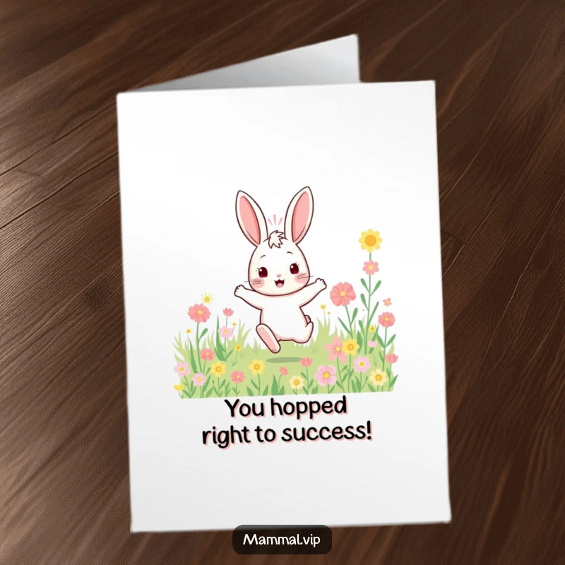 Funny Free Printable Congratulations Card: An excited bouncy rabbit character hopping through a field of flowers to celebrate.