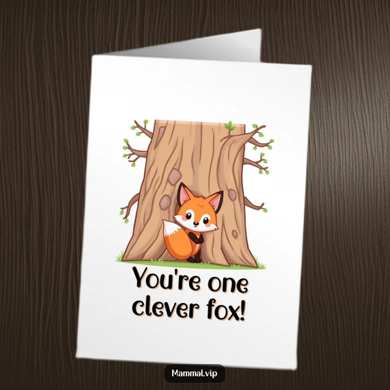 Funny Free Printable Congratulations Card: A curious fox kit peeking from behind an oak tree to offer congratulations.