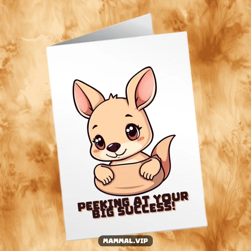 Funny Free Printable Congratulations Card: A curious kangaroo with wide eyes peeking out from its pouch, celebrating momentous achievements.