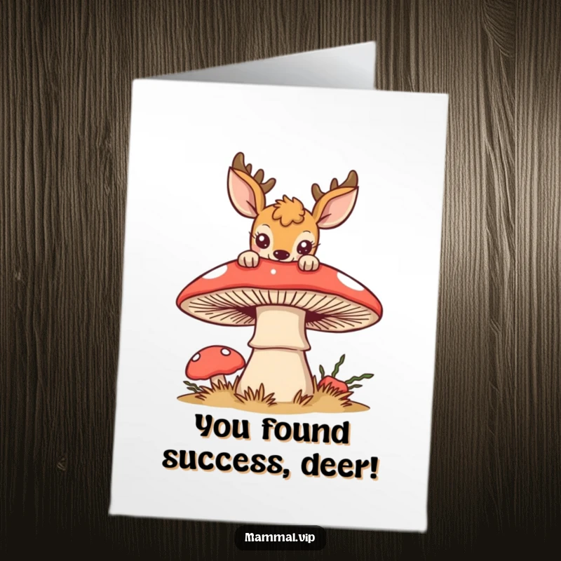 Funny Free Printable Congratulations Card: A curious deer peeking over a large mushroom, celebrating your fantastic achievement with wonder.