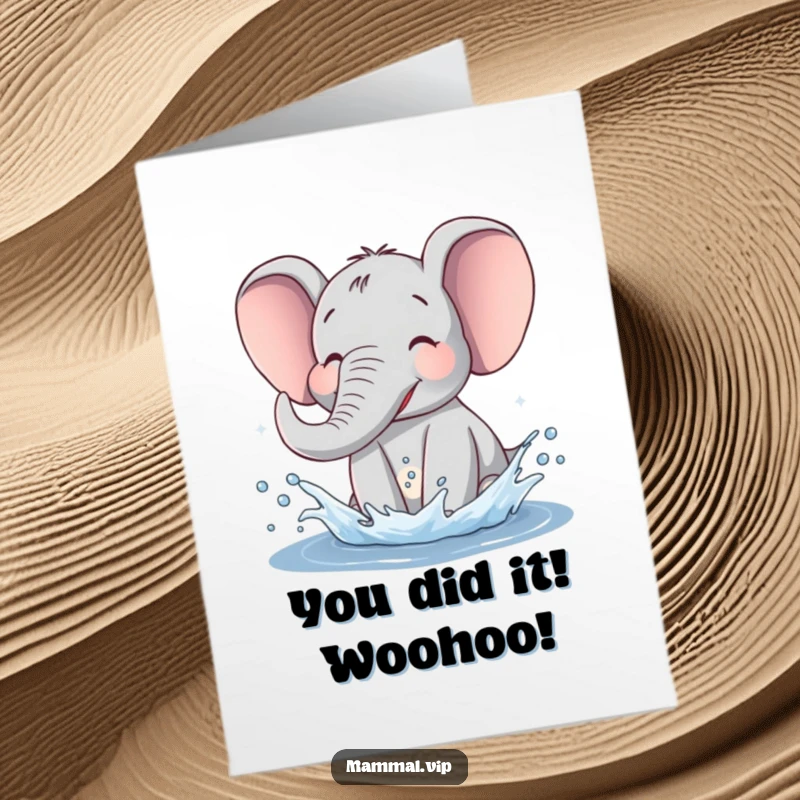 Funny Free Printable Congratulations Card: Ecstatic elephant joyfully splashing water with its trunk to celebrate success and achievements.