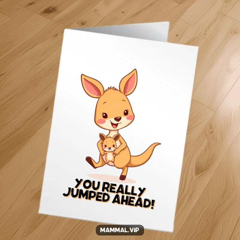 Funny Free Printable Congratulations Card: Smiling kangaroo energetically hopping with a joey, celebrating success. Congrats!