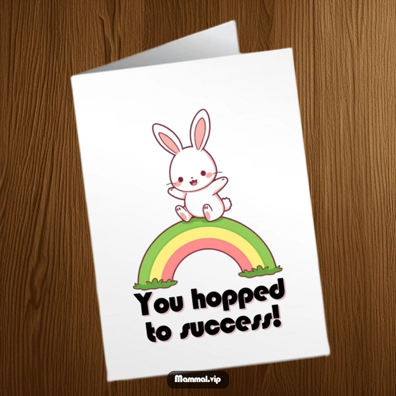 Free Printable Congratulations Card: Cute rabbit character gleefully hopping over a bright rainbow, symbolizing success.