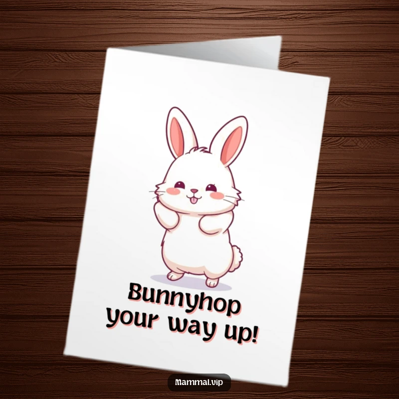 Funny Free Printable Congratulations Card: A fluffy rabbit captured mid-jump, legs extended, celebrating a triumphant moment.