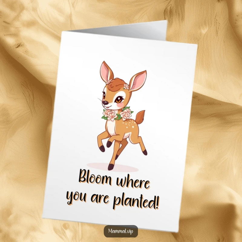 Funny Free Printable Congratulations Card: A deer fawn in a flower garland prances joyfully, a downloadable gift.