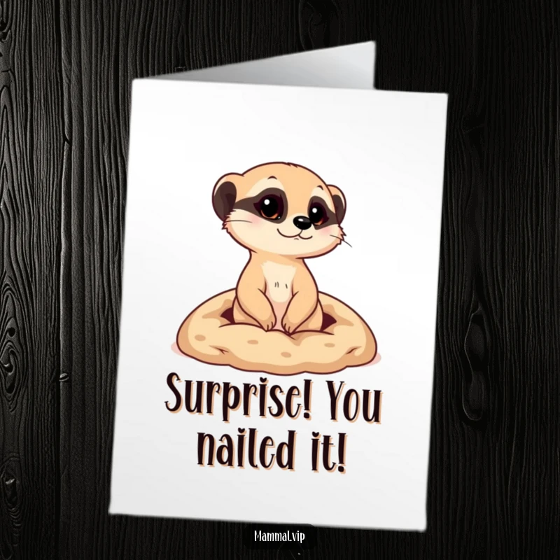 Funny Free Printable Congratulations Card, a curious meerkat character popping its head out from a tiny burrow, looking surprised and happy.