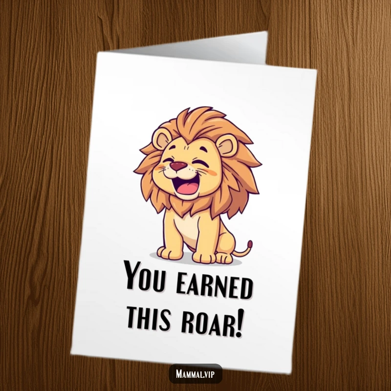Free printable congratulations card showing a proud lion roaring triumphantly and tossing its mane, celebrating a major win.