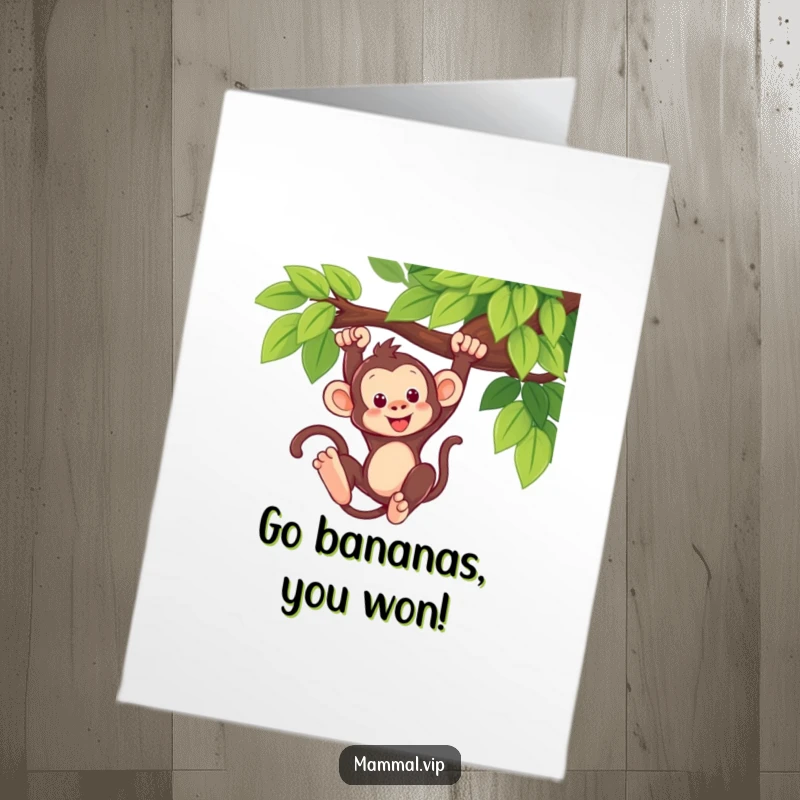 Funny Free Printable Congrats Card: A cute monkey energetically swinging from a branch, symbolizing a leap to success.