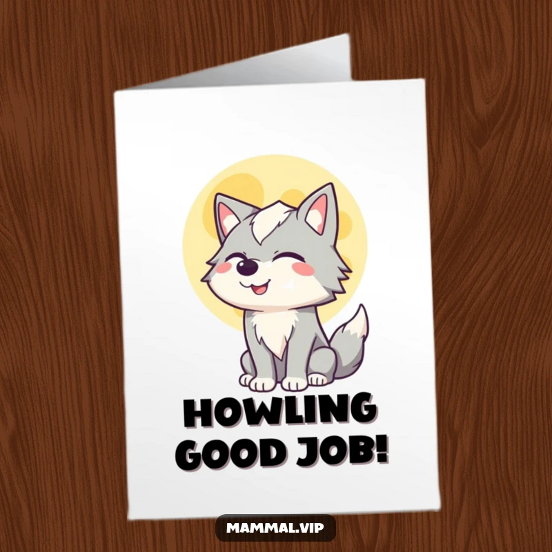 Funny Free Printable Congratulations Card: A wolf winks and howls at a radiant full moon, celebrating.