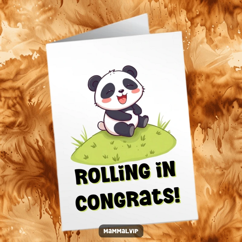 Funny Free Printable Congratulations Card: Giggling panda enjoying a downhill roll, bursting with happiness.