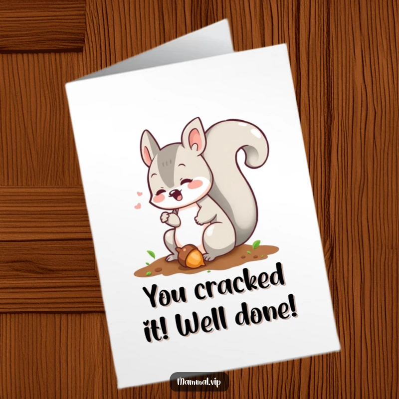 Funny Free Printable Congratulations Card: Squirrel chattering excitedly burying an acorn, celebrating a win with downloadable art.