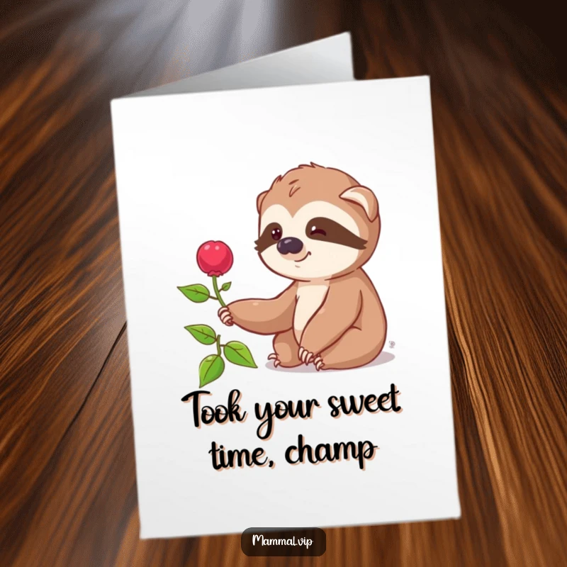 Funny Free Printable Congratulations Card, a smiling sloth character slowly reaching for a distant berry, symbolizing a hard-won success.