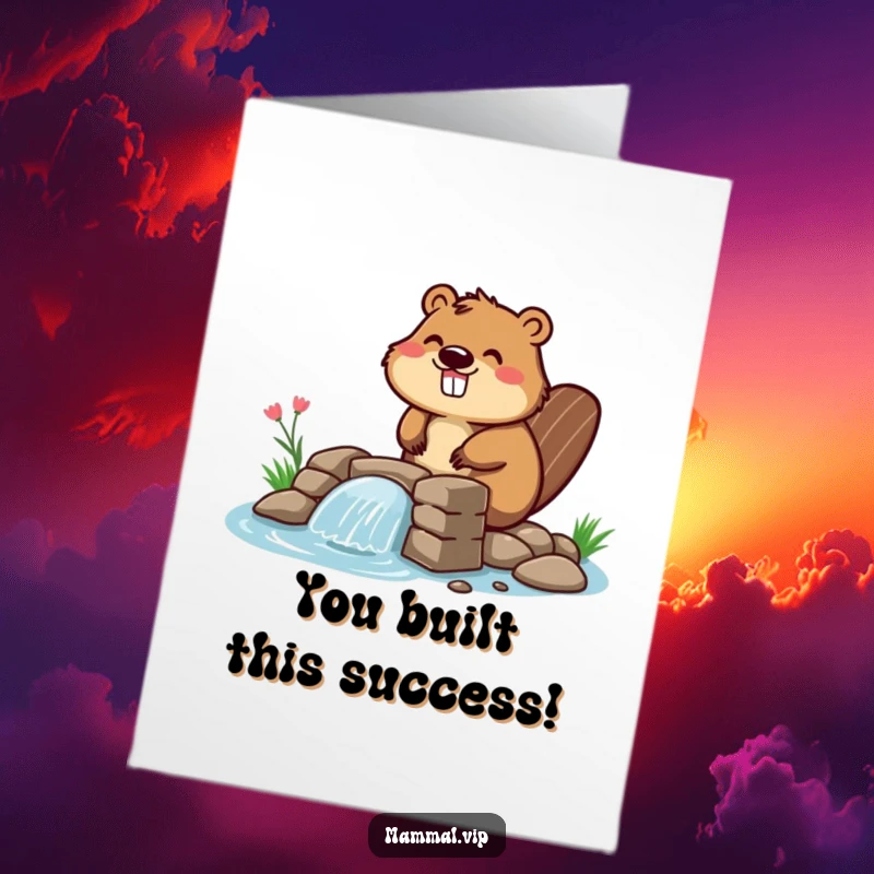 Funny Free Printable Congratulations Card: Happy beaver proudly showing off a small dam he built. Success!