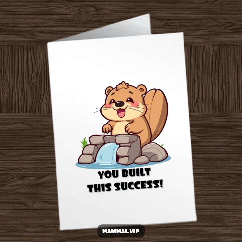Funny Free Printable Congratulations Card: A happy beaver proudly finishing a large dam, a testament to hard work and success.