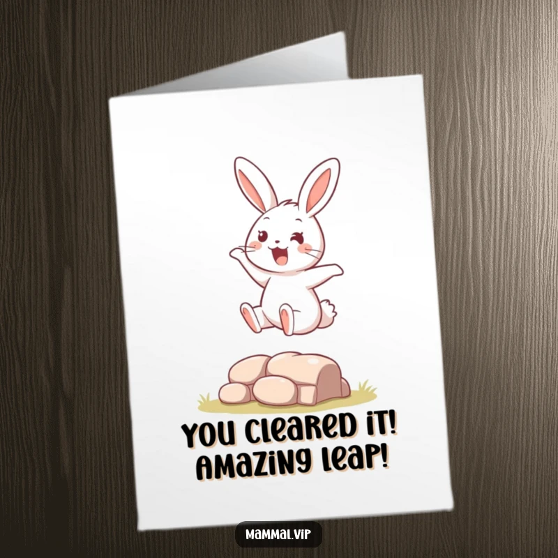 Funny Free Printable Congrats Card: Energetic rabbit leaping high over an obstacle, celebrating a big win.