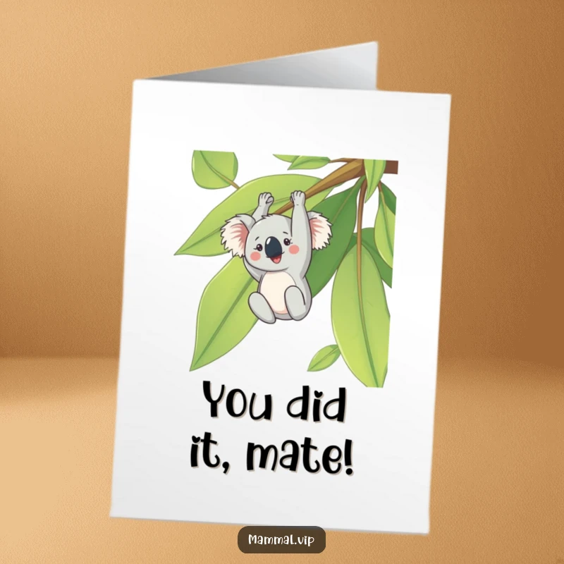 Funny Free Printable Congratulations Card, a cheerful koala hanging upside down from a giant eucalyptus leaf, celebrating success with a smile.