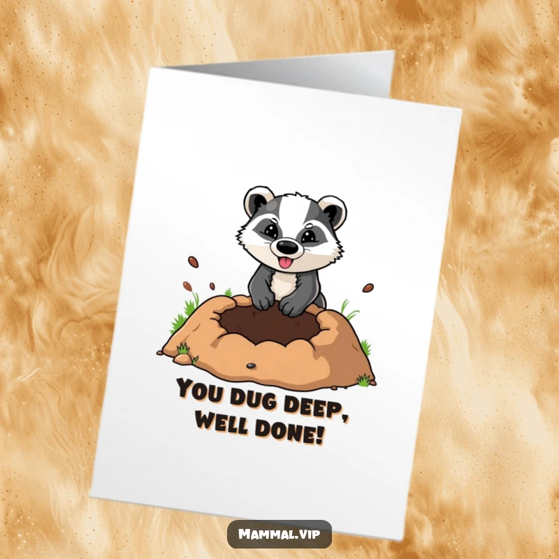 Funny Free Printable Congratulations Card: A determined badger energetically digging a massive hole, representing digging up success and achievements.
