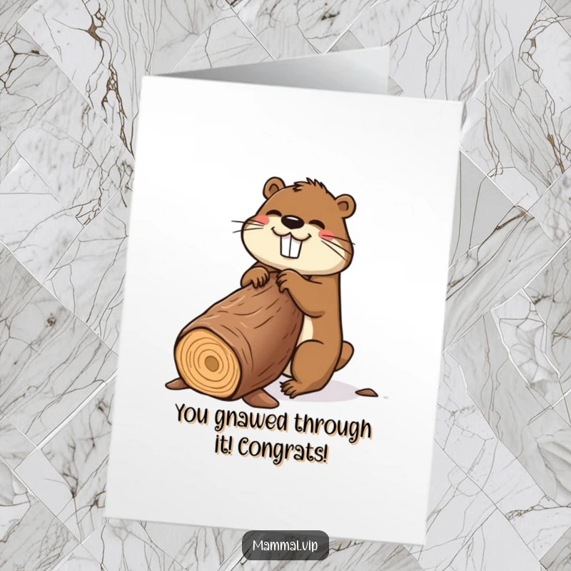Funny Free Printable Congratulations Card: Cheerful beaver celebrates with a comically large log, perfect for big news.