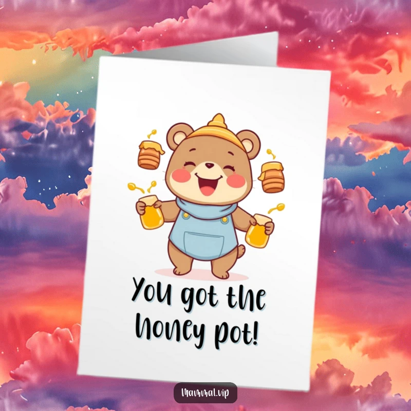 Funny free printable congratulations card of a joyful bear character successfully juggling honey pots, sweet achievement.