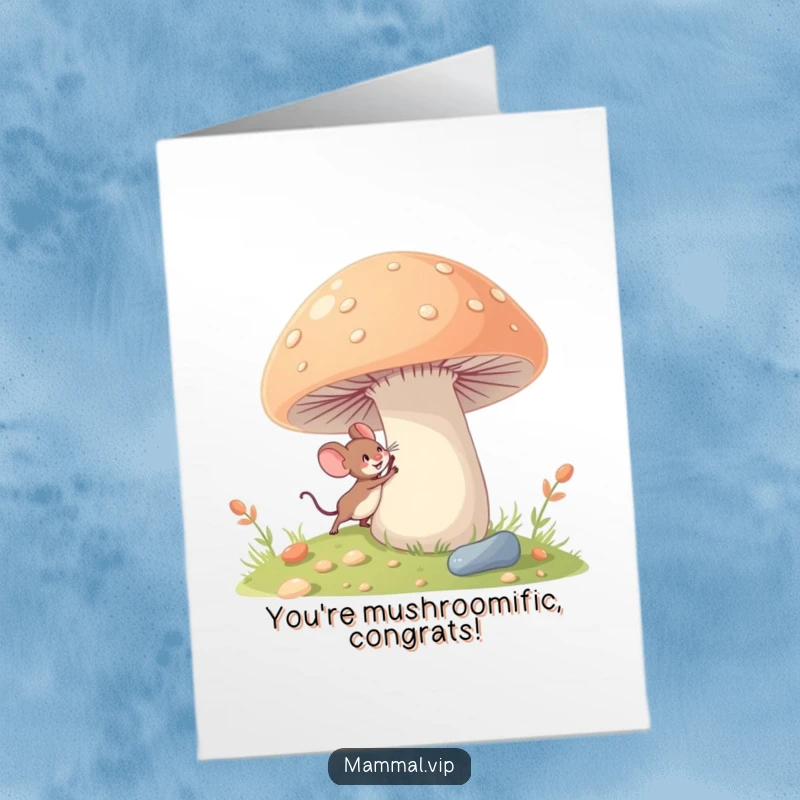 Funny Free Printable Congratulations Card: An excited tiny mouse character exploring a giant mushroom to mark a victory.