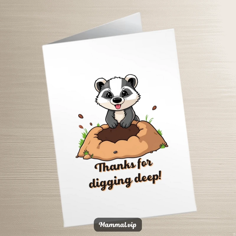 Funny Free Printable Thank You Card: A determined badger character enthusiastically digging a comically large hole, symbolizing digging up thanks.