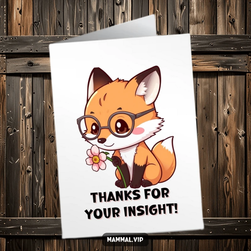 Funny Free Printable Thank You Card: A fox with spectacles examines a flower with curiosity, a downloadable gift.