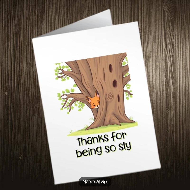 Funny Free Printable Fox Thank You Card: A curious fox kit peeks from behind an oak, offering thanks with a sly grin.