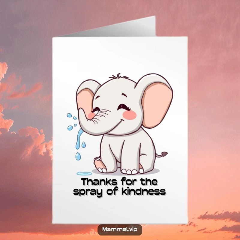 Funny free printable thank you card of a joyful elephant spraying water from its trunk, sending a playful wave of gratitude.