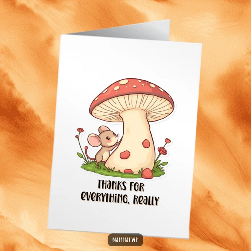 Funny Free Printable Mouse Thank You Card: A tiny mouse explores a giant mushroom, sending a heartfelt thank you with wonder.