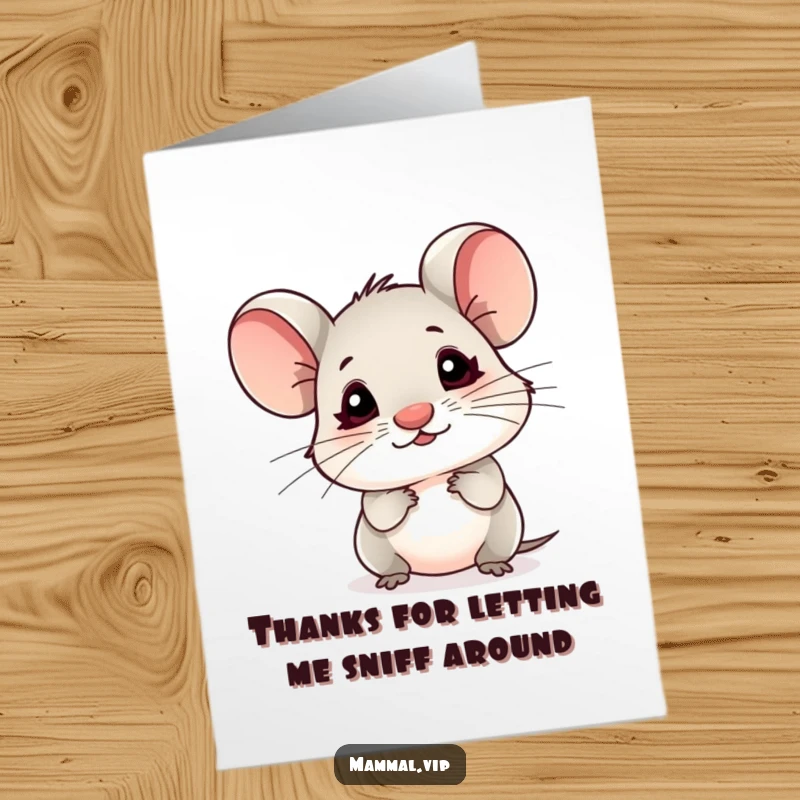 Funny Free Printable Thank You Card: A small mouse character with a tiny nose curiously sniffing the air, showing thanks.