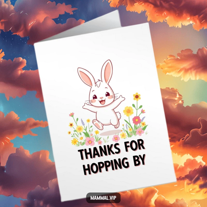 Funny Free Printable Rabbit Thank You Card: A bouncy rabbit hops through flowers, sending a joyful thank you with enthusiasm.