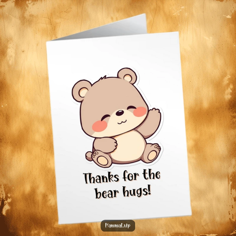 Funny free printable thank you card: a bear scratches its belly, showing immense gratitude and satisfaction.