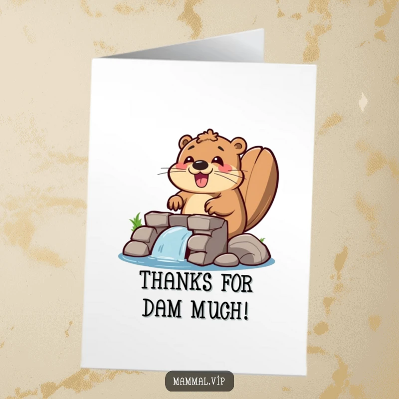 Funny Free Printable Thank You Card: A happy beaver diligently working on building a dam, symbolizing effort and thanks.
